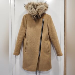 Sandro Camel Trench Coat with Real Fur Hood